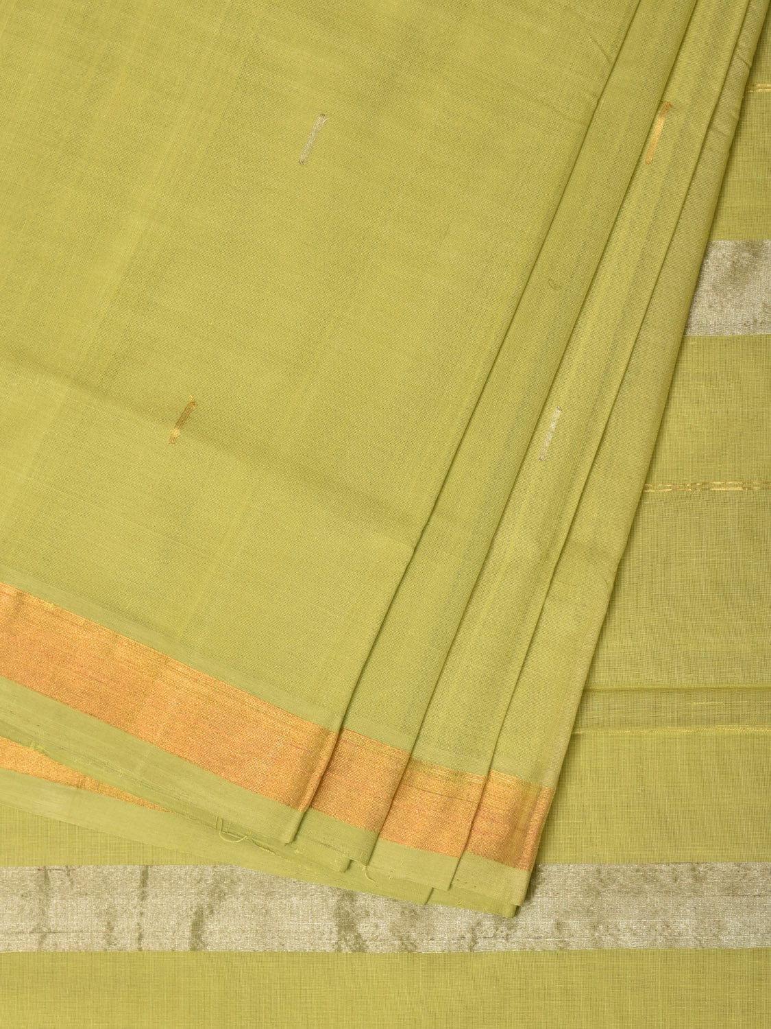 Light Green Khadi Cotton Handloom Saree with Buta and Strip Pallu Design - Global Threads