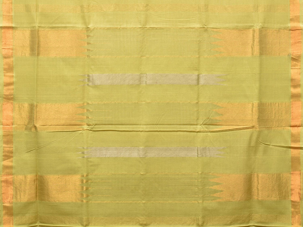 Light Green Khadi Cotton Handloom Saree with Buta and Strip Pallu Design - Global Threads