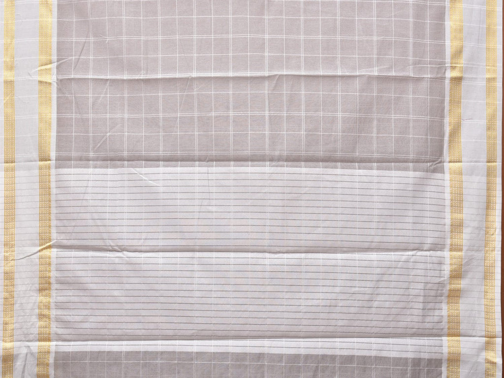 Light Grey Bamboo Cotton Saree with Big Checks and Doby Border Design - Global Threads