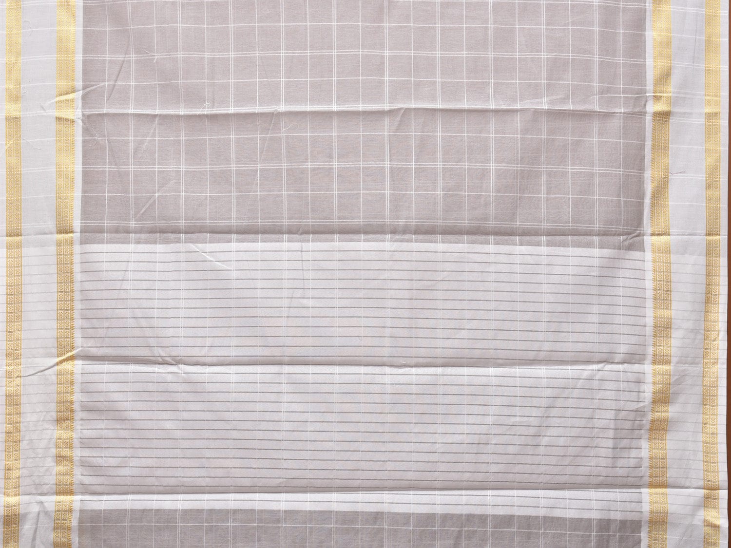 Light Grey Bamboo Cotton Saree with Big Checks and Doby Border Design - Global Threads