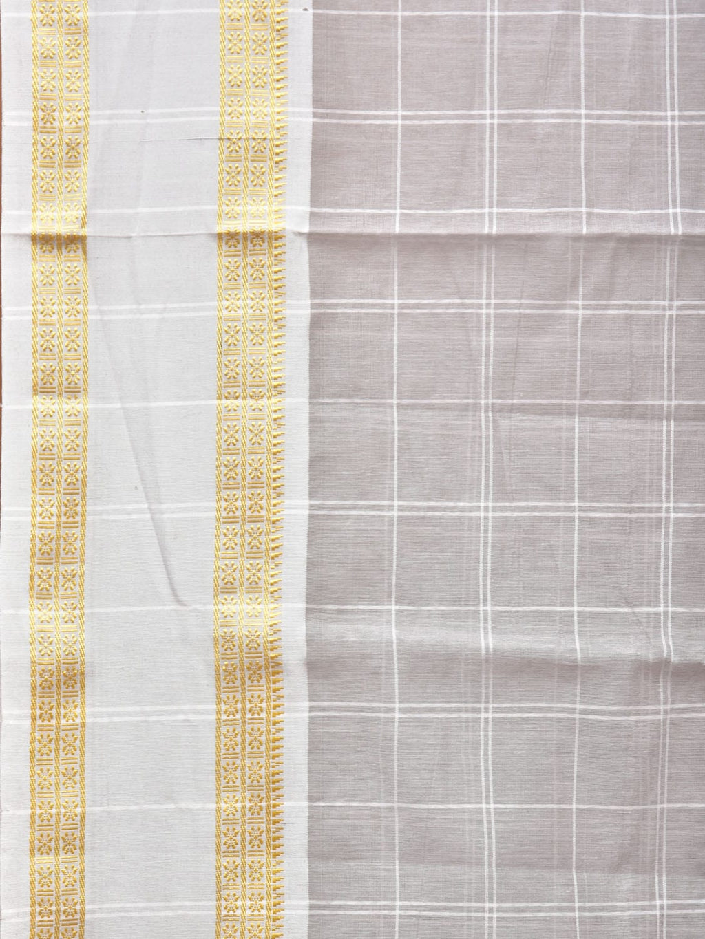 Light Grey Bamboo Cotton Saree with Big Checks and Doby Border Design - Global Threads