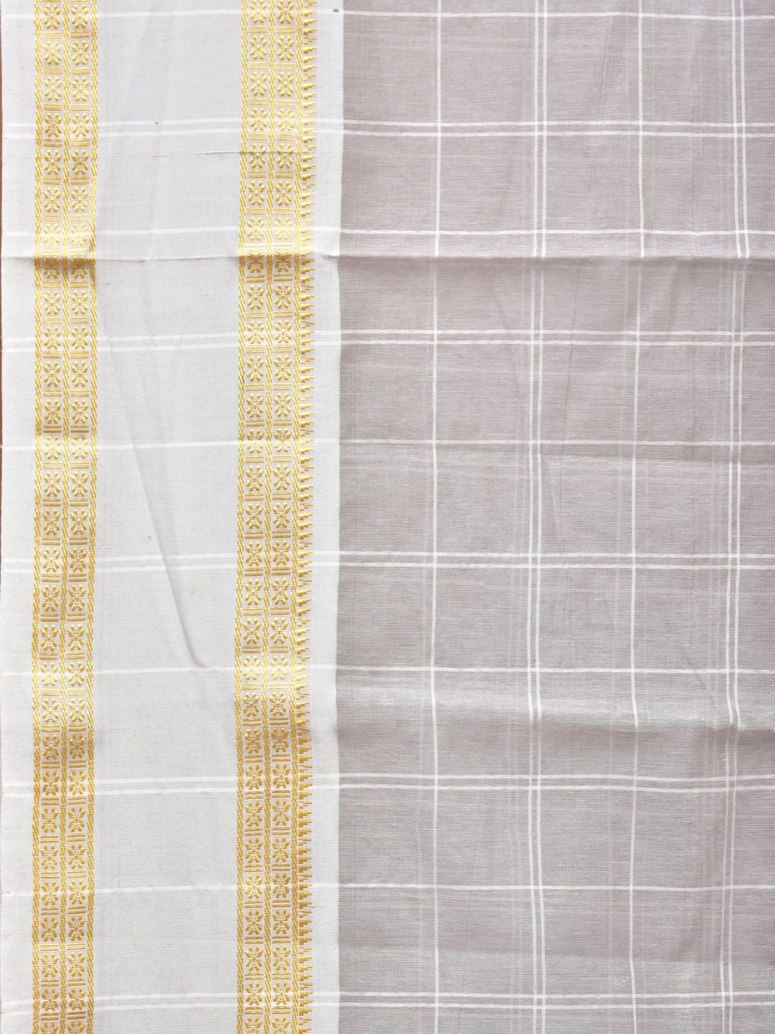 Light Grey Bamboo Cotton Saree with Big Checks and Doby Border Design - Global Threads