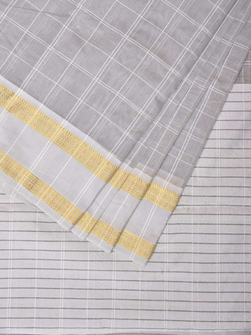 Light Grey Bamboo Cotton Saree with Big Checks and Doby Border Design - Global Threads