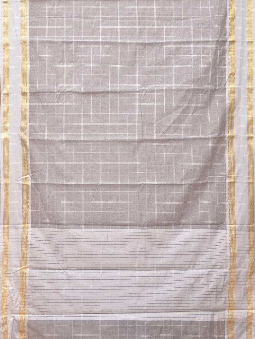 Light Grey Bamboo Cotton Saree with Big Checks and Doby Border Design - Global Threads