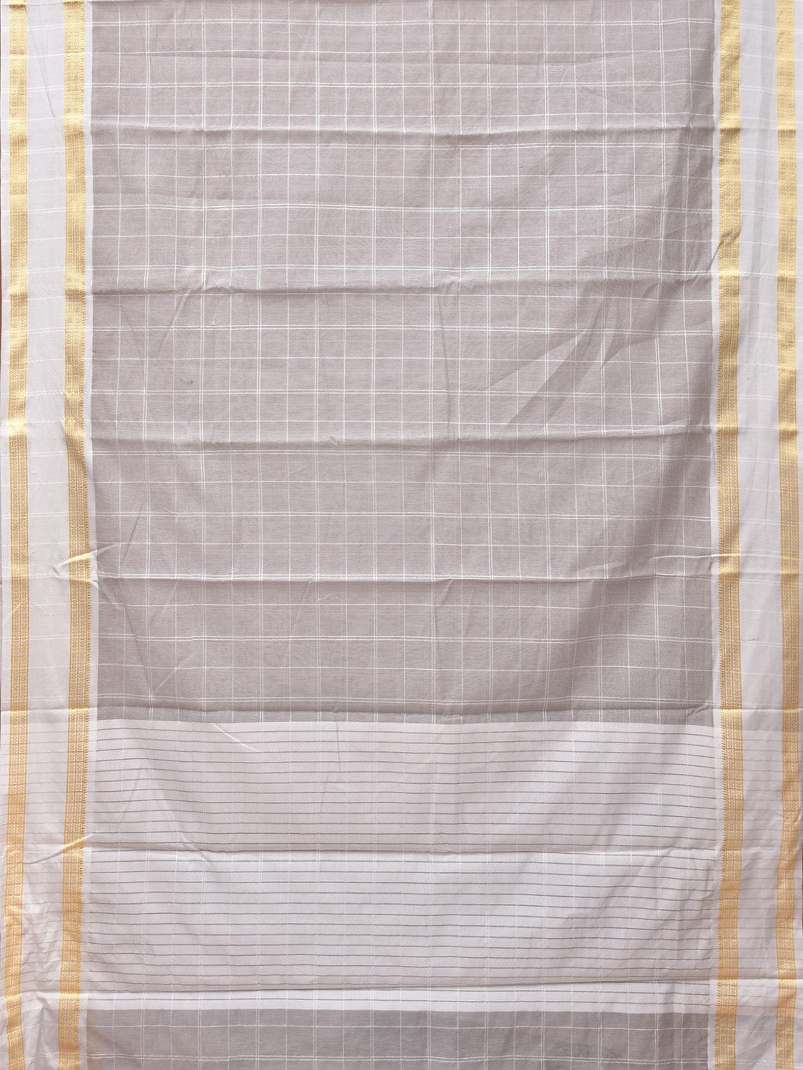 Light Grey Bamboo Cotton Saree with Big Checks and Doby Border Design - Global Threads