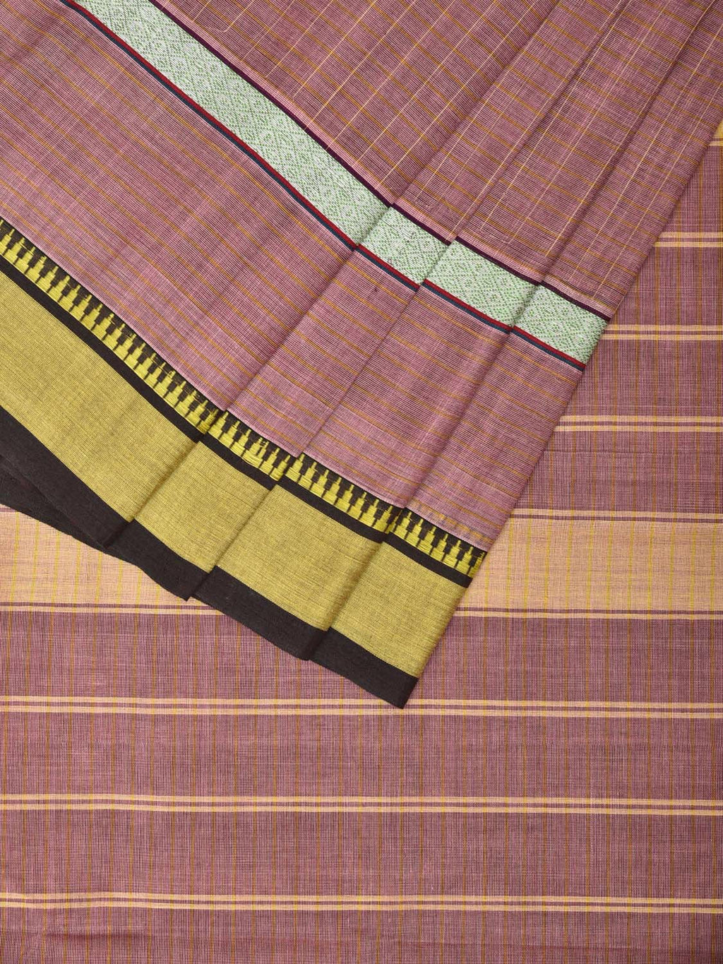 Light Mauve Narayanpet Cotton Handloom Saree with Checks and Big Border Design No Blouse - Global Threads