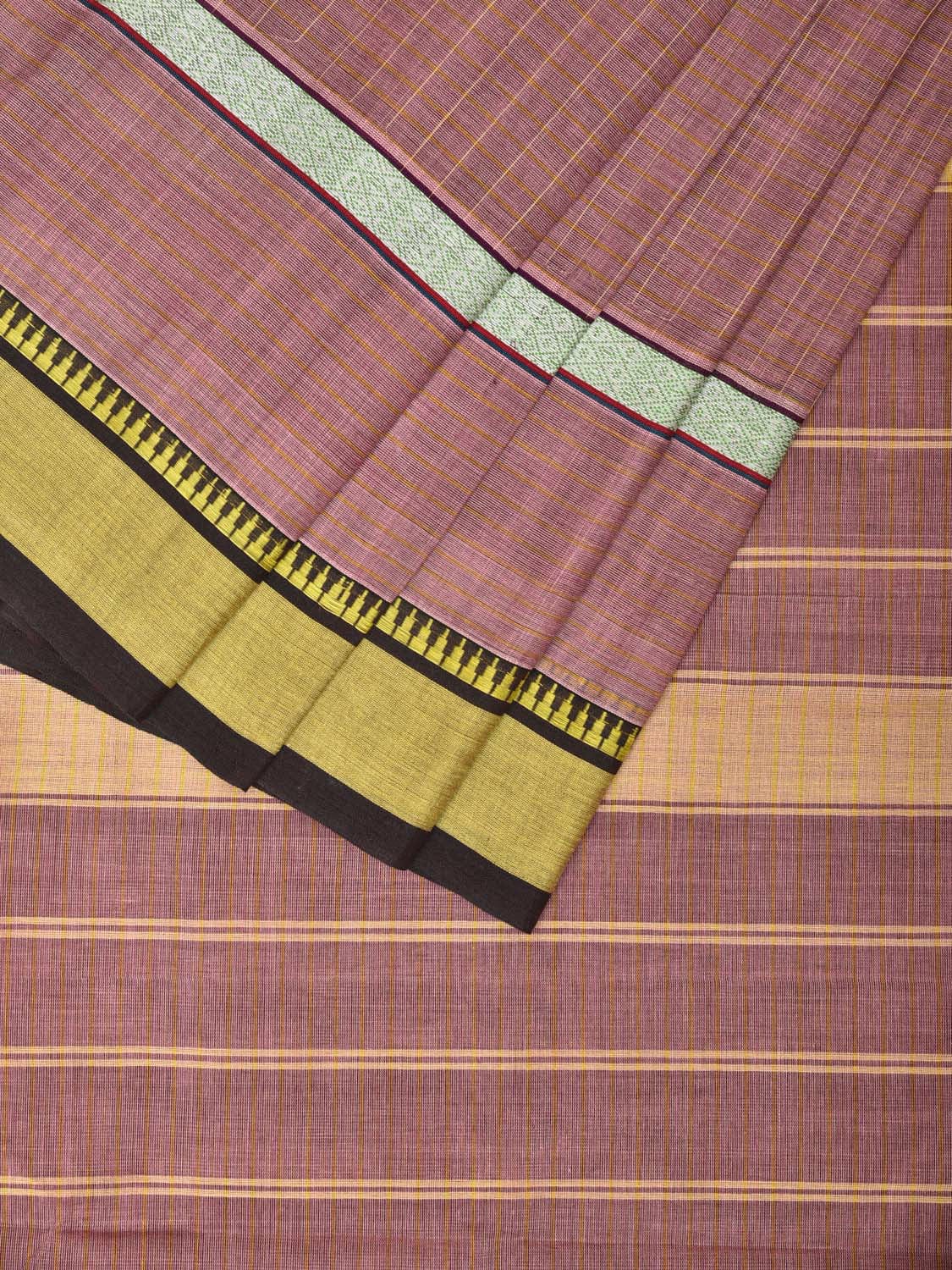 Light Mauve Narayanpet Cotton Handloom Saree with Checks and Big Border Design No Blouse - Global Threads