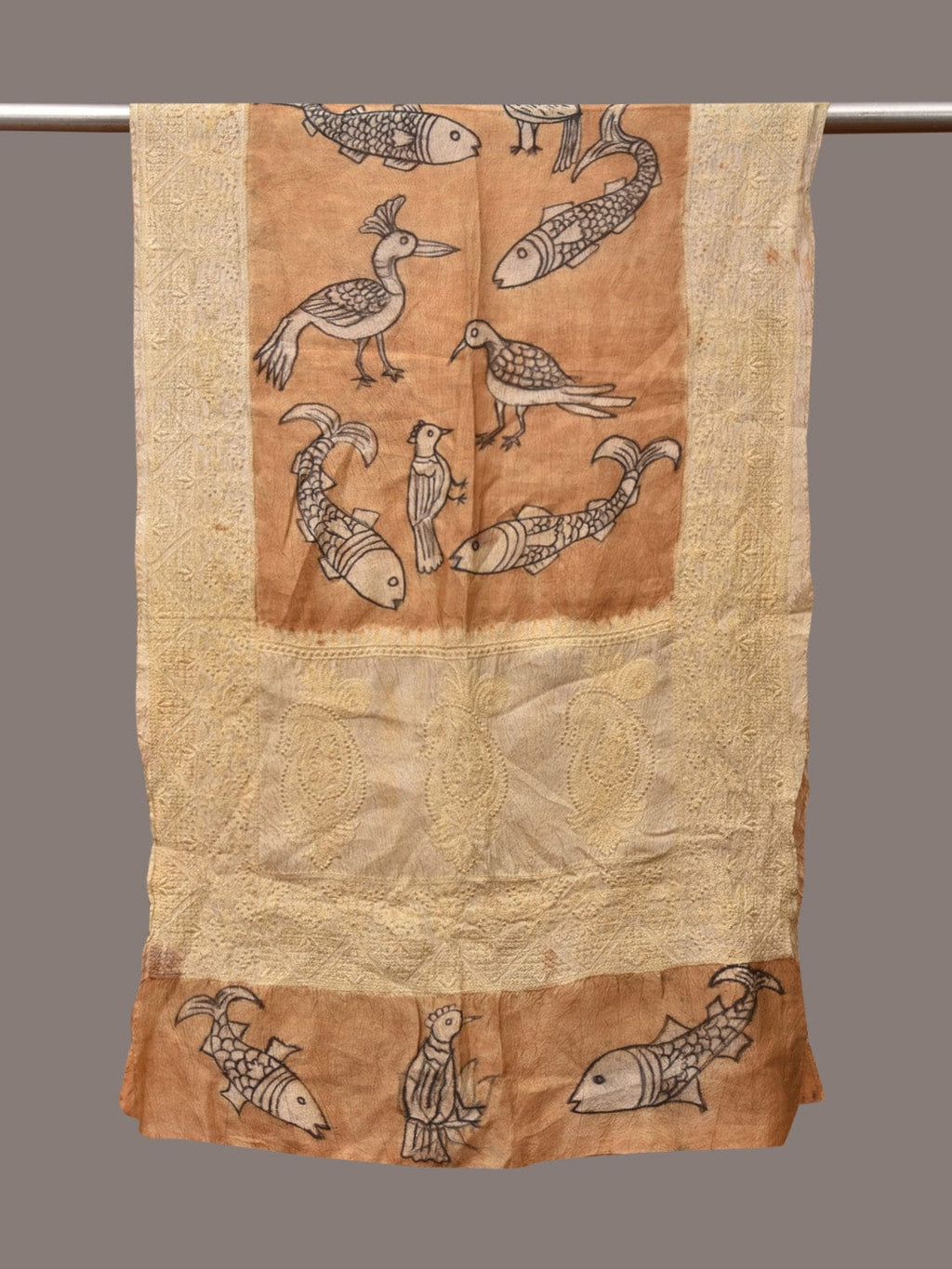 Light Orange Kalamkari Hand Painted Tussar Handloom Stole with Birds, Fishes and Embroidery Design - Global Threads