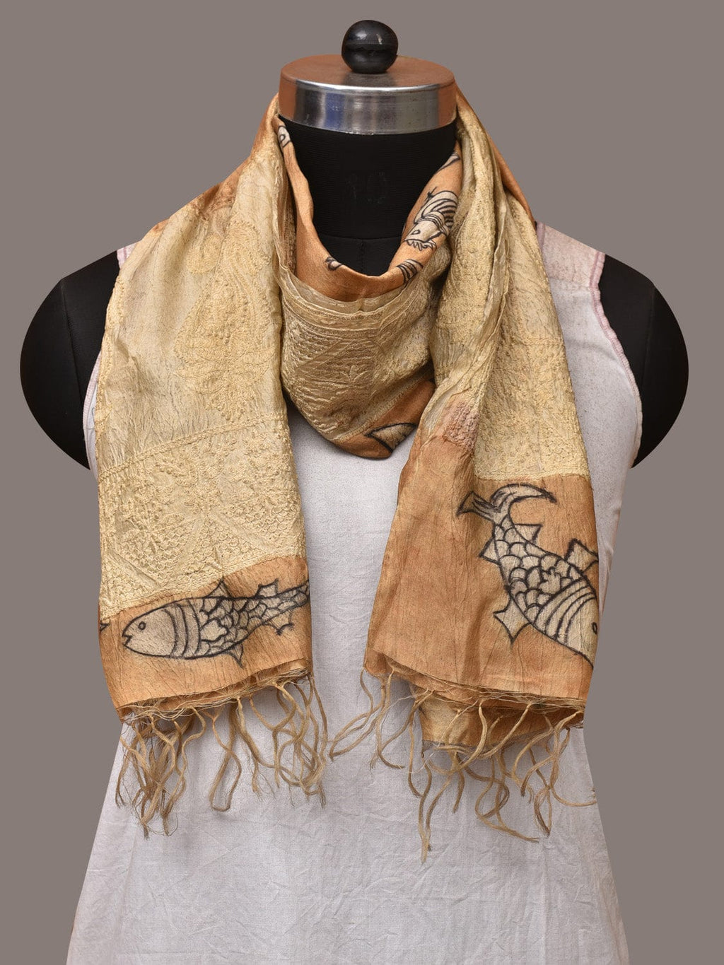 Light Orange Kalamkari Hand Painted Tussar Handloom Stole with Birds, Fishes and Embroidery Design - Global Threads