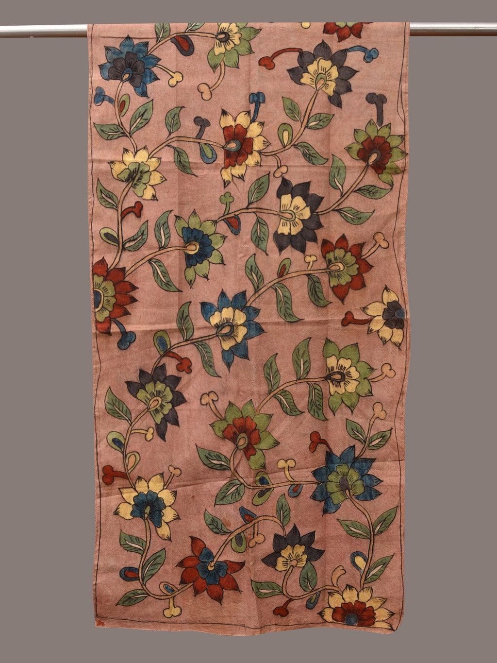 Light Peach Kalamkari Hand Painted Sico Stole with Floral Design - Global Threads