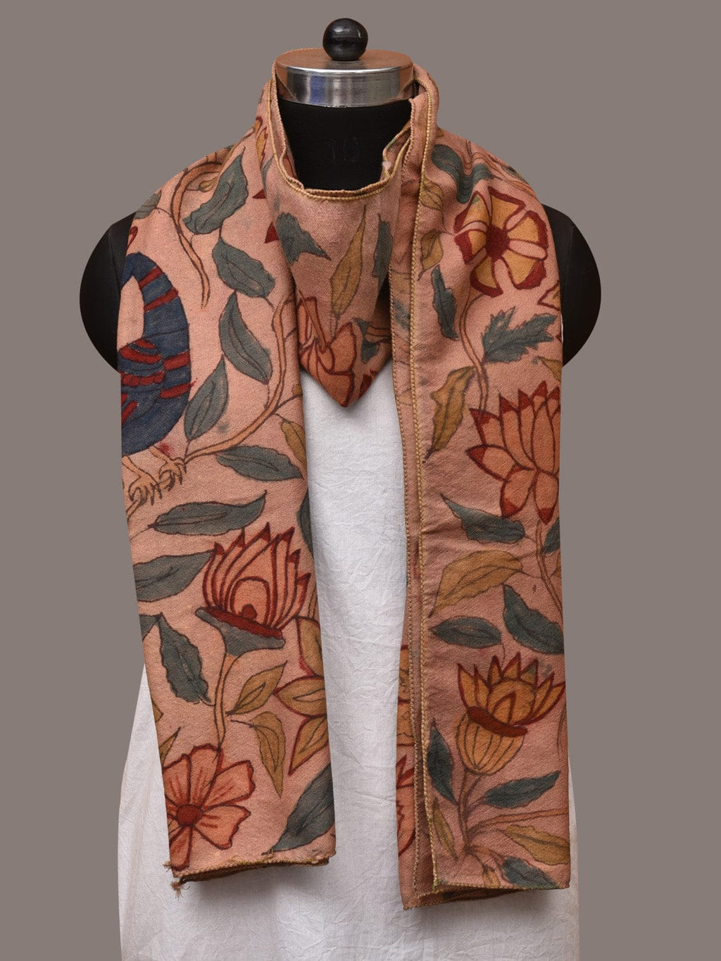 Light Peach Kalamkari Hand Painted Woolen Handloom Stole with Floral and Peacocks Design - Global Threads