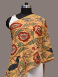 Light Yellow Kalamkari Hand Painted Sico Stole with Floral and Peacocks Design - Global Threads