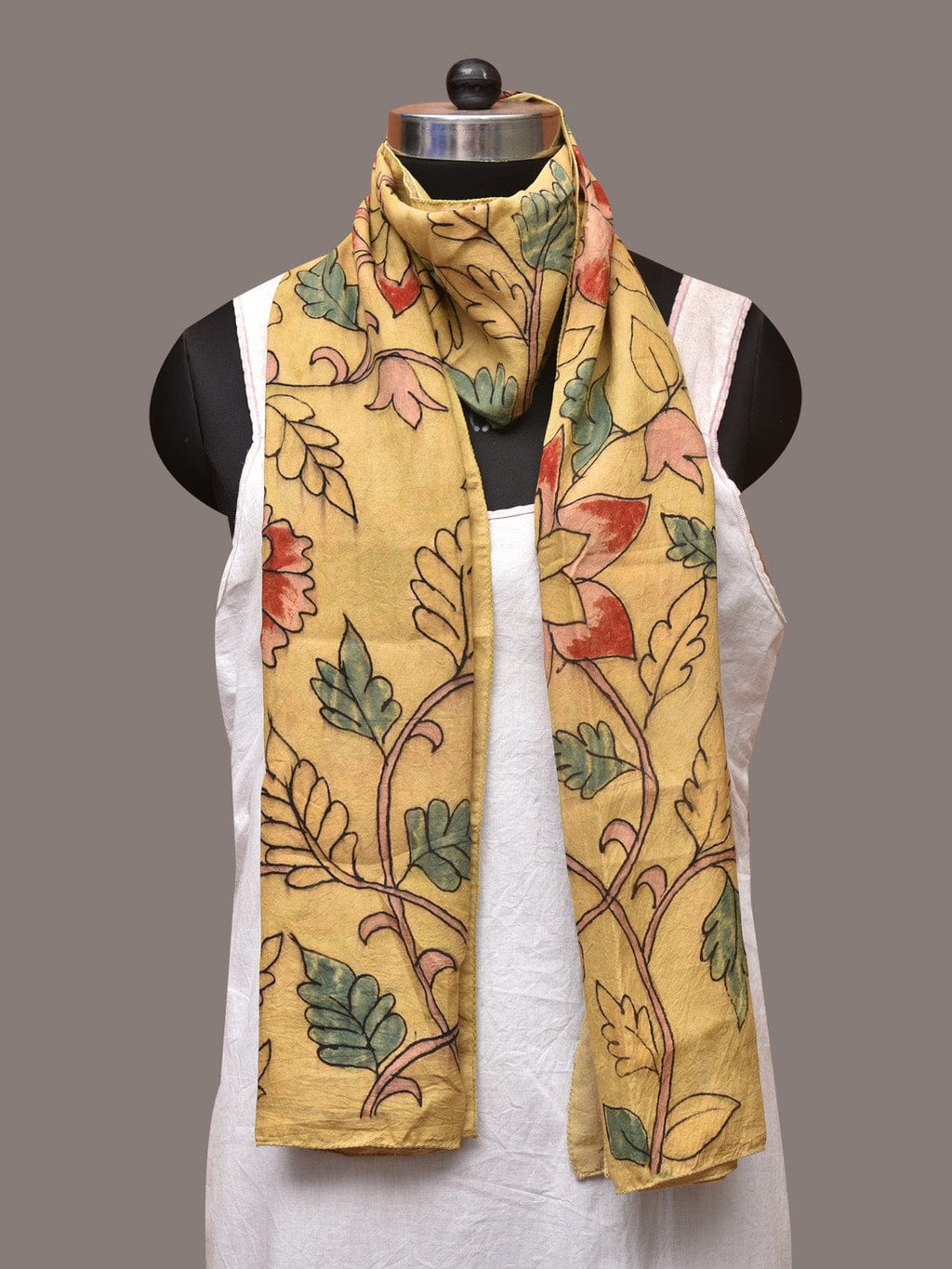 Light Yellow Kalamkari Hand Painted Sico Stole with Floral Design - Global Threads
