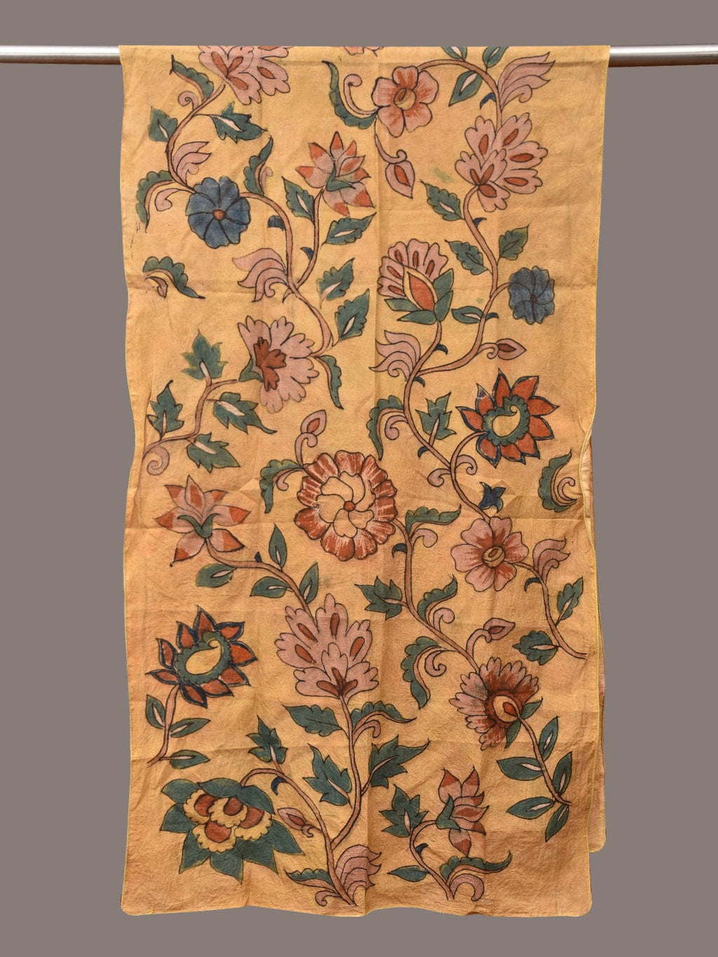 Light Yellow Kalamkari Hand Painted Sico Stole with Floral Design - Global Threads