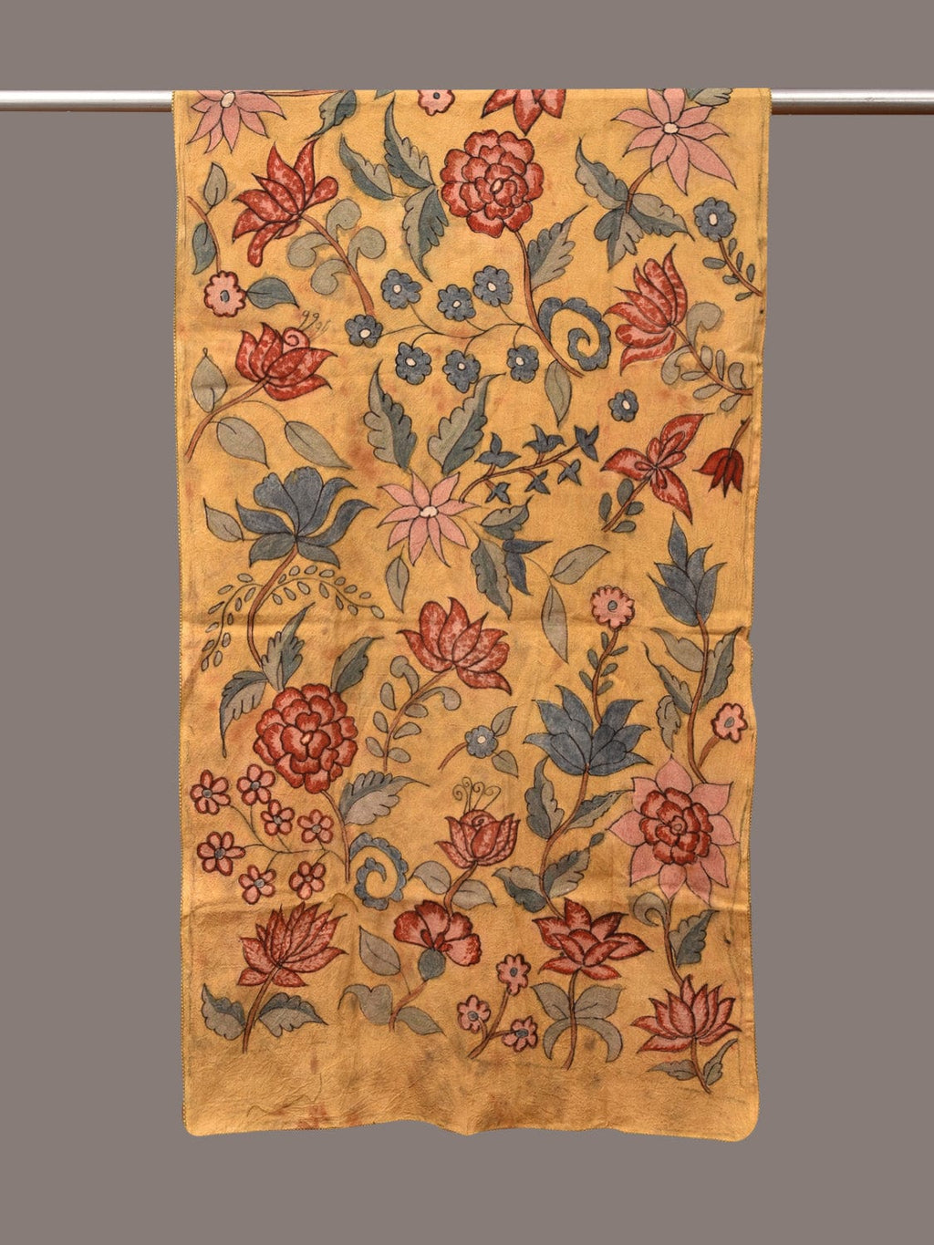 Light Yellow Kalamkari Hand Painted Sico Stole with Floral Design - Global Threads