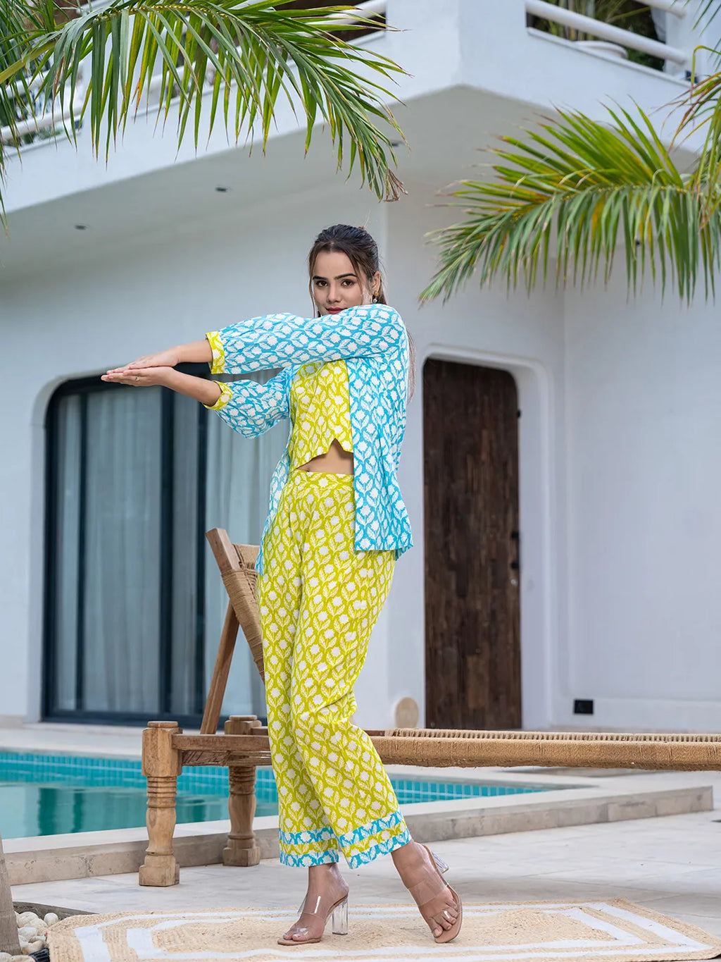 Yufta Lime Green & Sky Blue Co Ord Set Add Jacket