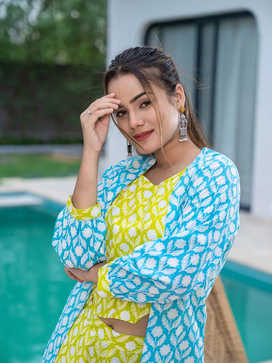 Yufta Lime Green & Sky Blue Co Ord Set Add Jacket
