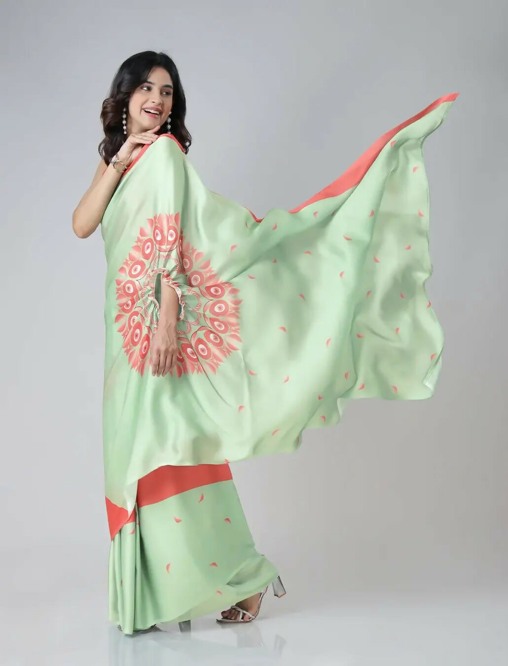 Vastranavya Mint Green & Coral Mandala Print Free Hand Ready to Wear Saree
