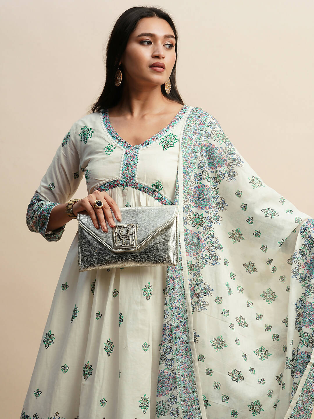 White And Blue Pure Cotton Floral Printed Anarkali Kurta And Bottom With Dupatta - Akashara