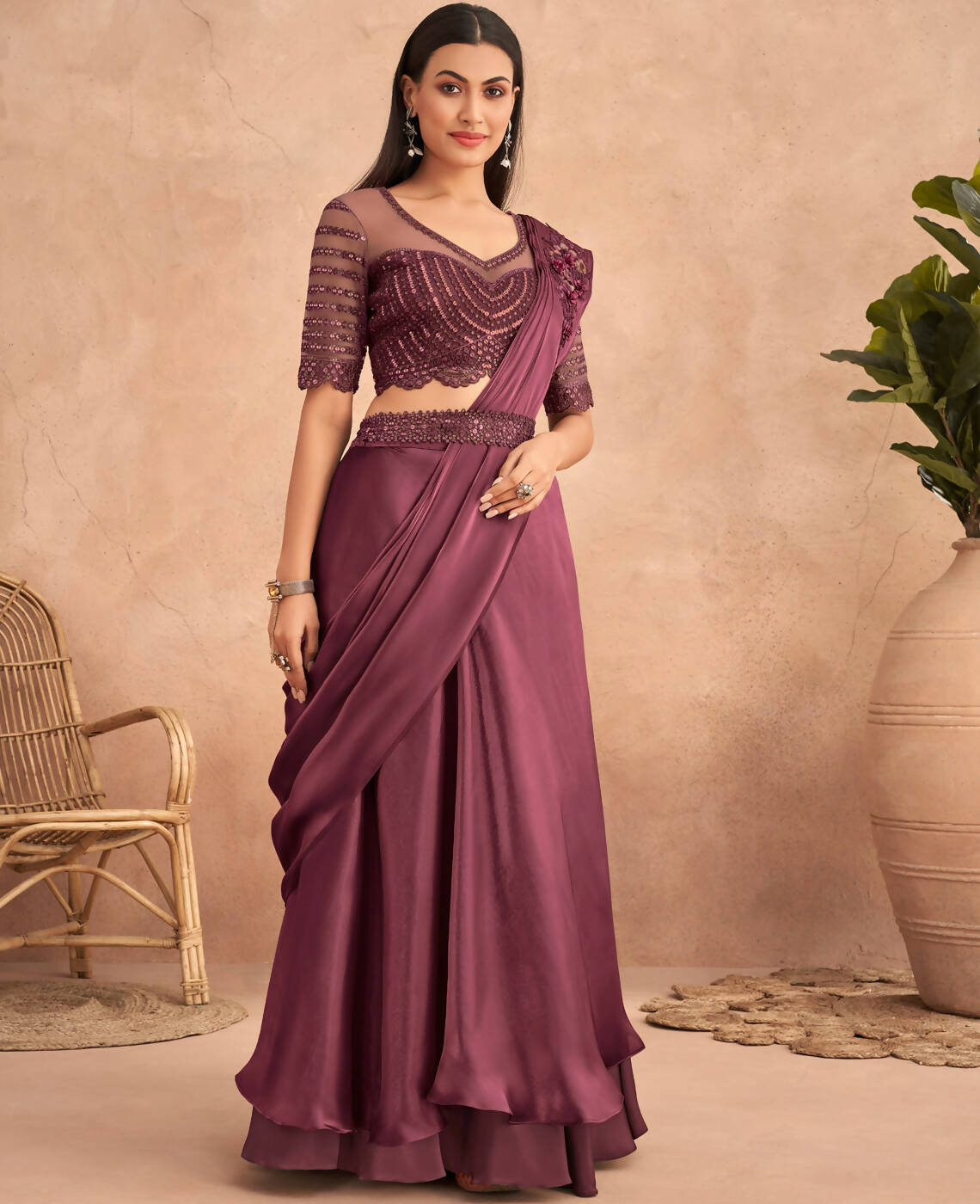 Wine Satin Embroidered Ready To Wear Saree With Unstitched Blouse Piece - Nandika