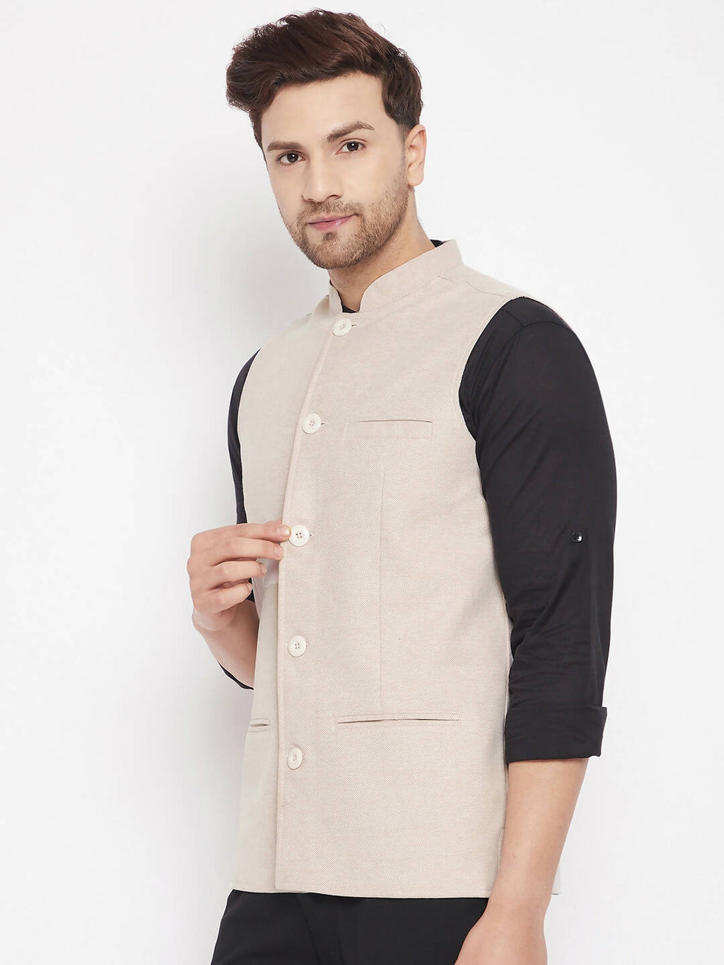 Even Apparels Cream Merino Men Woven Nehru Jacket