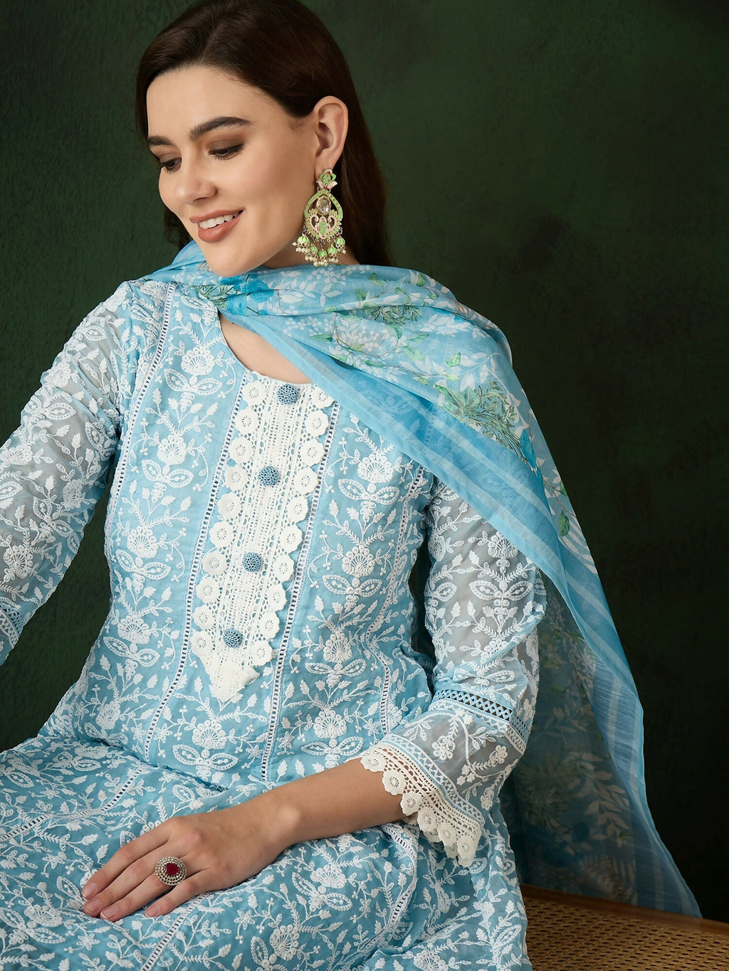 Blue Crystal Organza schiffli embroidery Kurta With Trouser & Dupatta - Bhumi