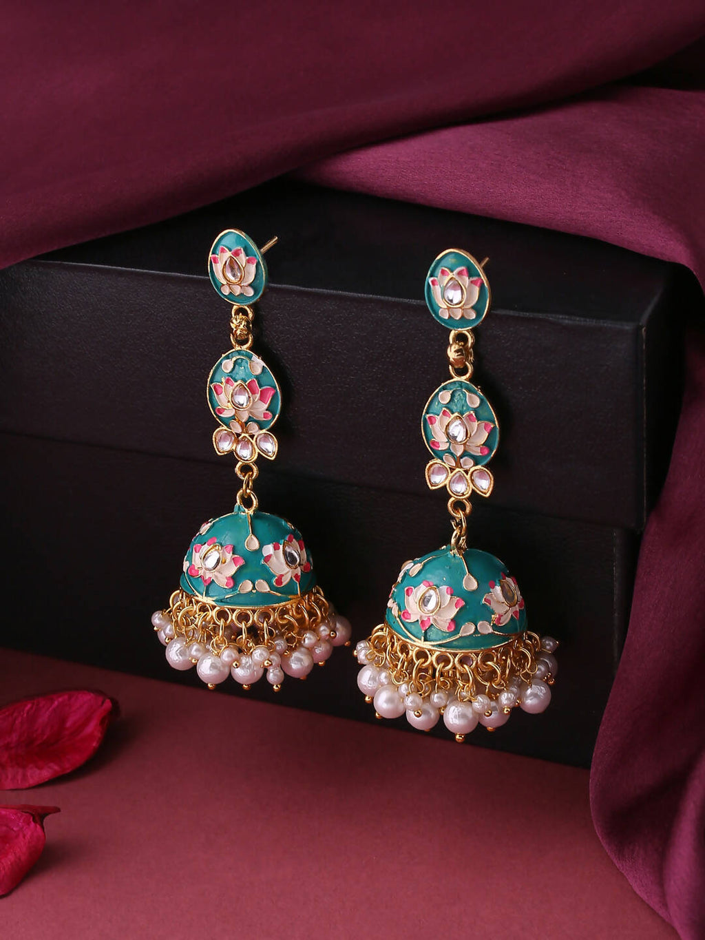 NVR Women Gold-Polished Blue Kundan Jhumkas Earrings