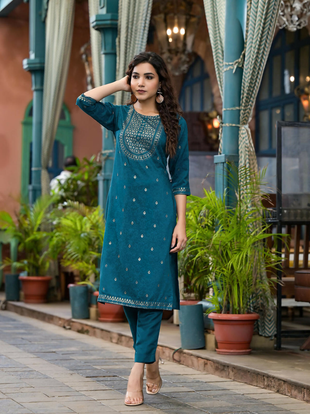 Juniper Women's Blue Ethnic Motif Printed Muslin Kurta Set With Zari Work & Gota Patti