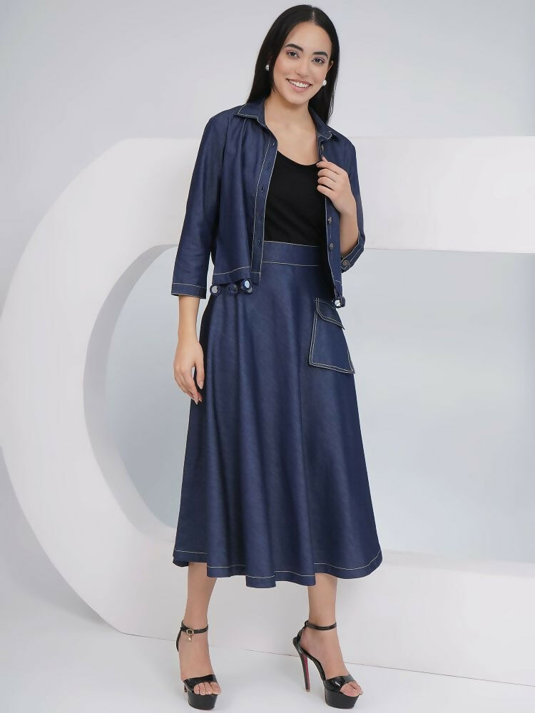Joban Fashion Black Cotton Denim A Line Skirt With Inner And Jacket