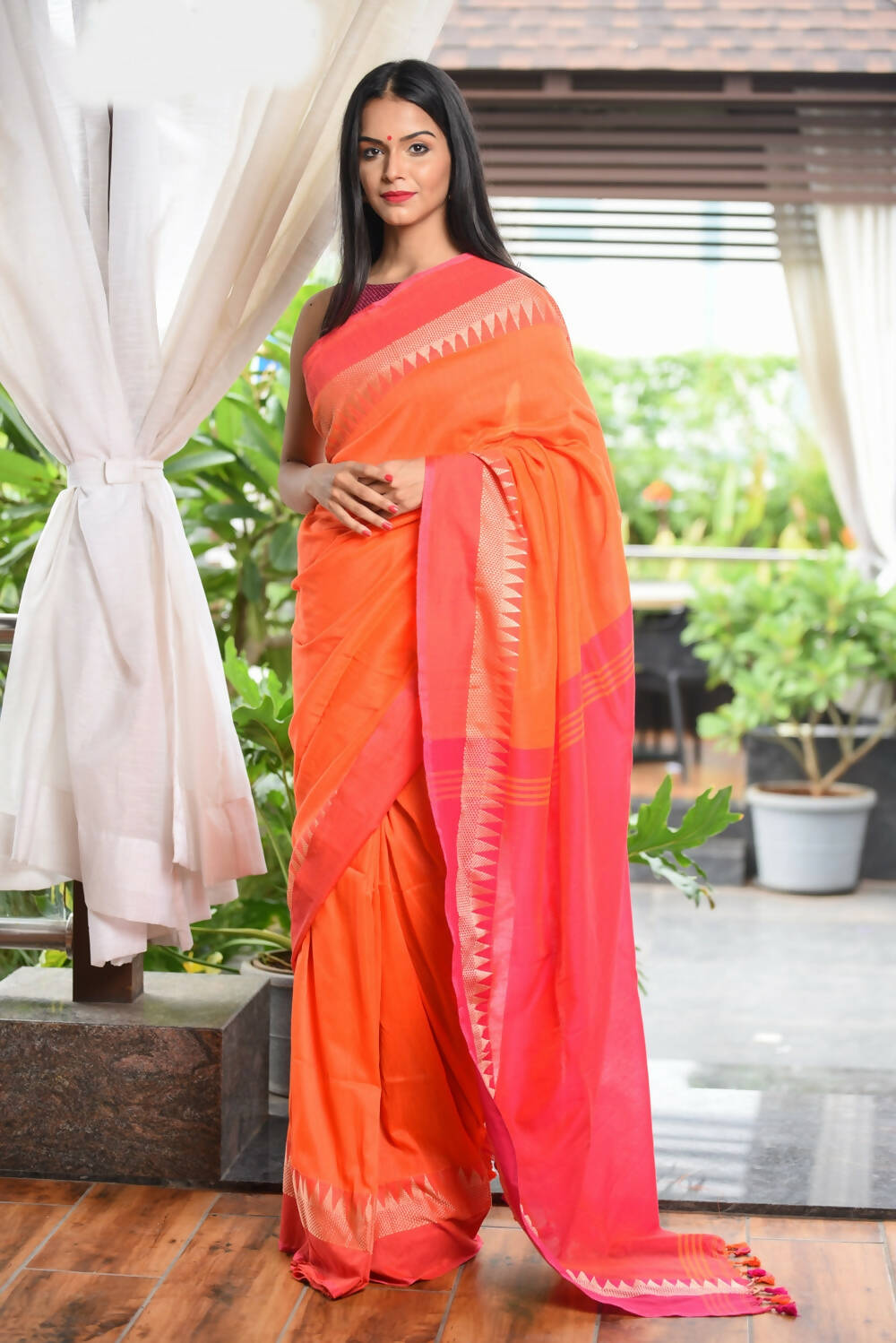 Very Much Indian Pure Cotton Handloom Saree With Intricate Borders - Orange