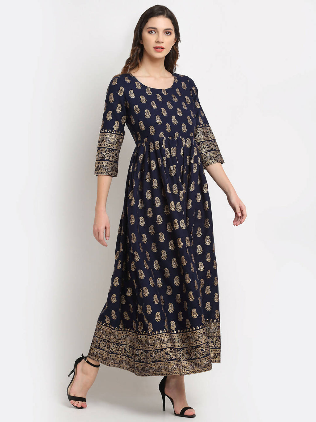 Rudra Bazaar Gold Printed A-Line Blue Kurti