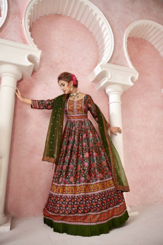 Everywhere Designer Mahendi Dola Silk Gown With Dupatta - Anbazaar