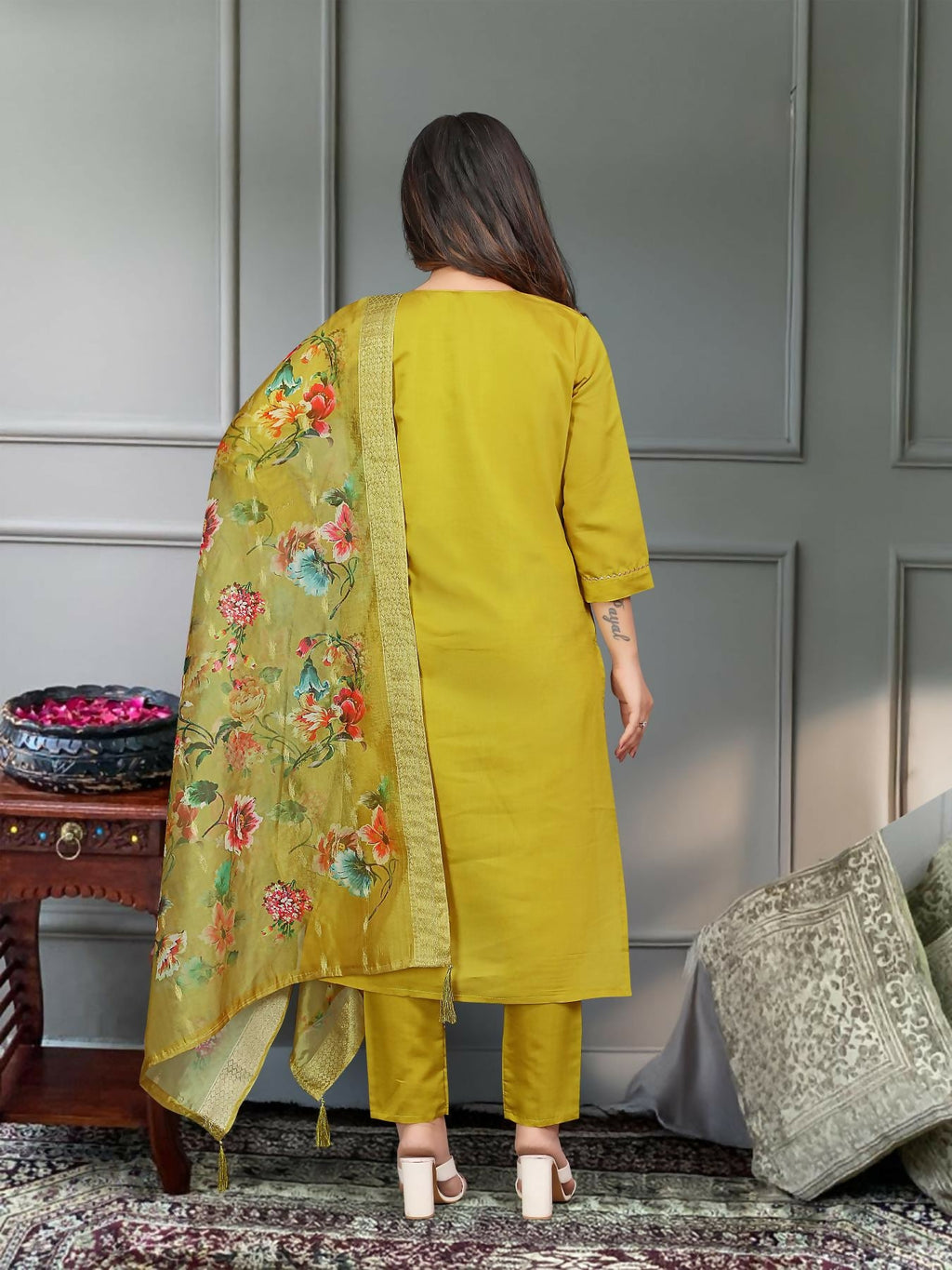 The52 Mustard Gorgeous Embroidered Viscose Chanderi Fabric Straight Kurta Pant with Dupatta Set