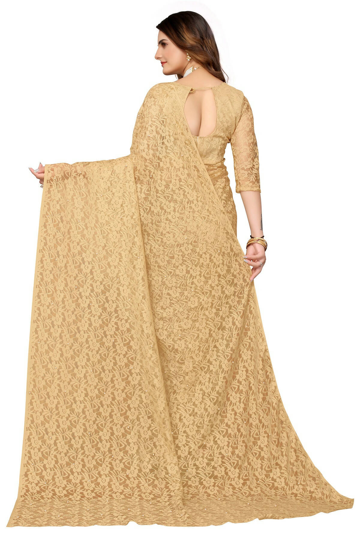 Vamika Brown Pearls Net Saree
