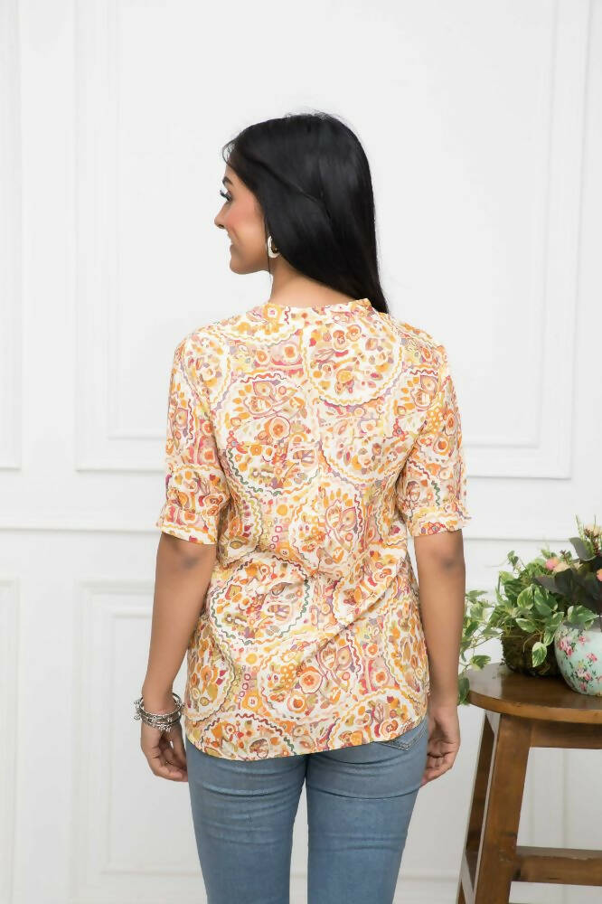 Myshka Women Mustard Floral V-Neck Regular Sleeves Viscose Rayon Top