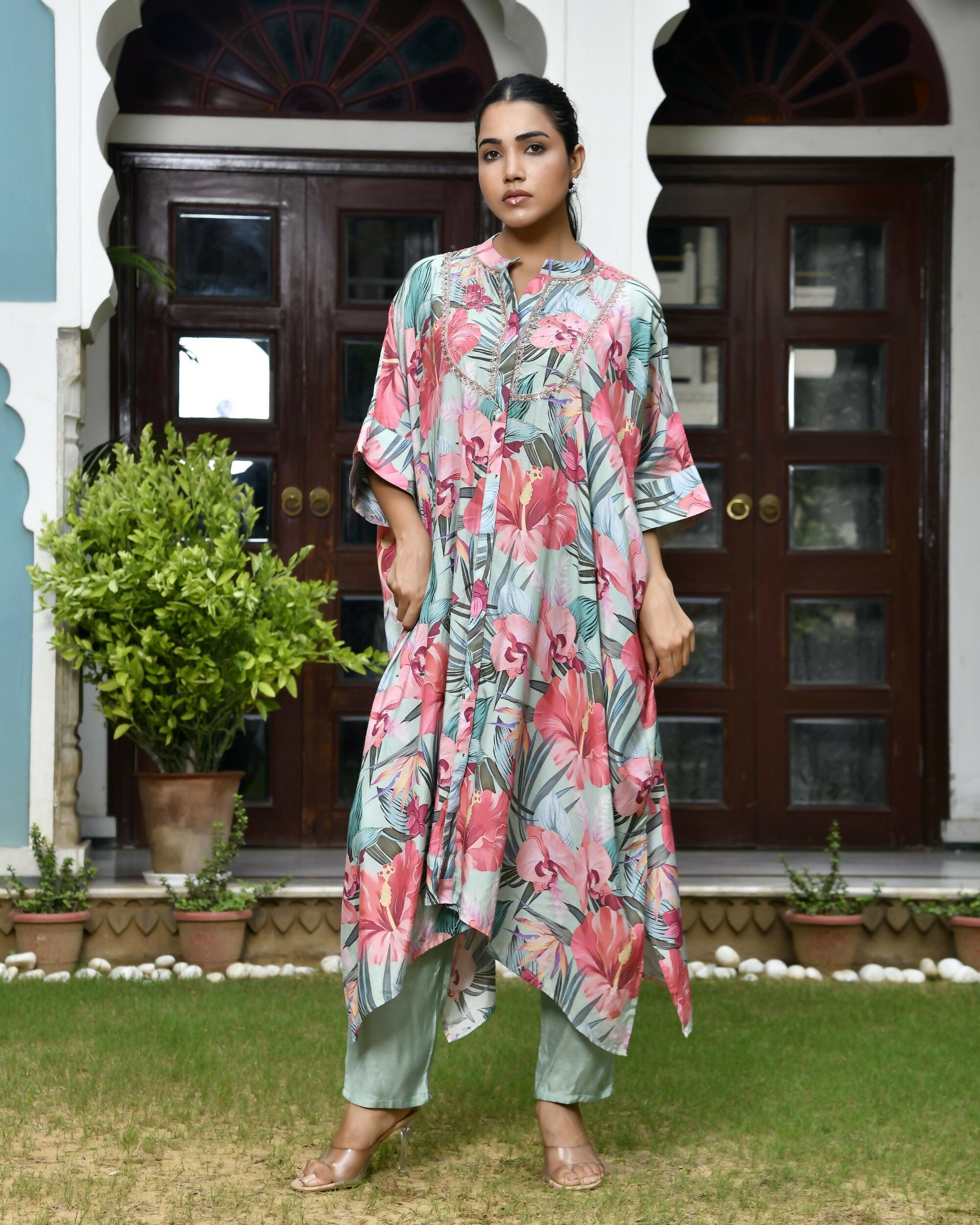 Vaasva Women's Aqua Musline Viscose Digital Printed Kaftan Pant Set