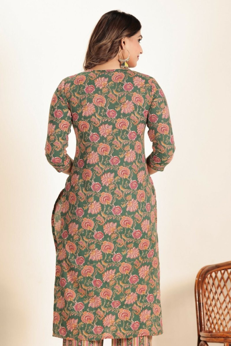 Aramya Green Kantha Cotton Floral Straight Kurta for Women