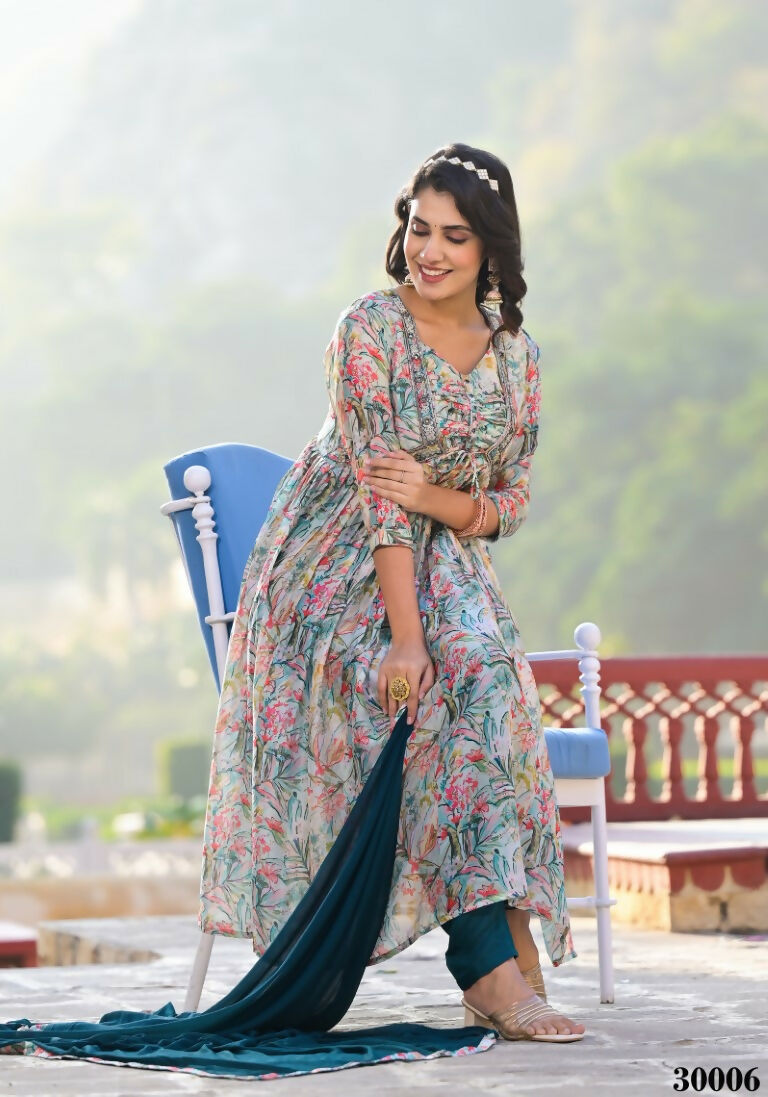 Designer Stylish Multi Slim Georgette Stitched Suit With Dupatta - Kiyara