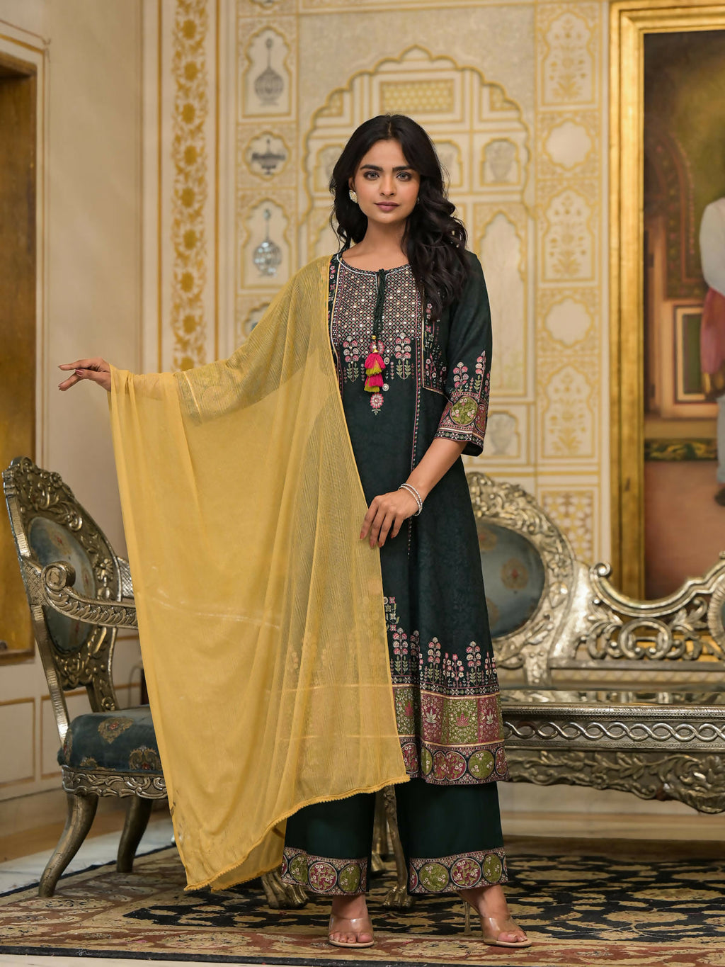 Juniper Women's Green Floral Printed Rayon Kurta Pant With Dupatta Set With Thread Work & Tassels