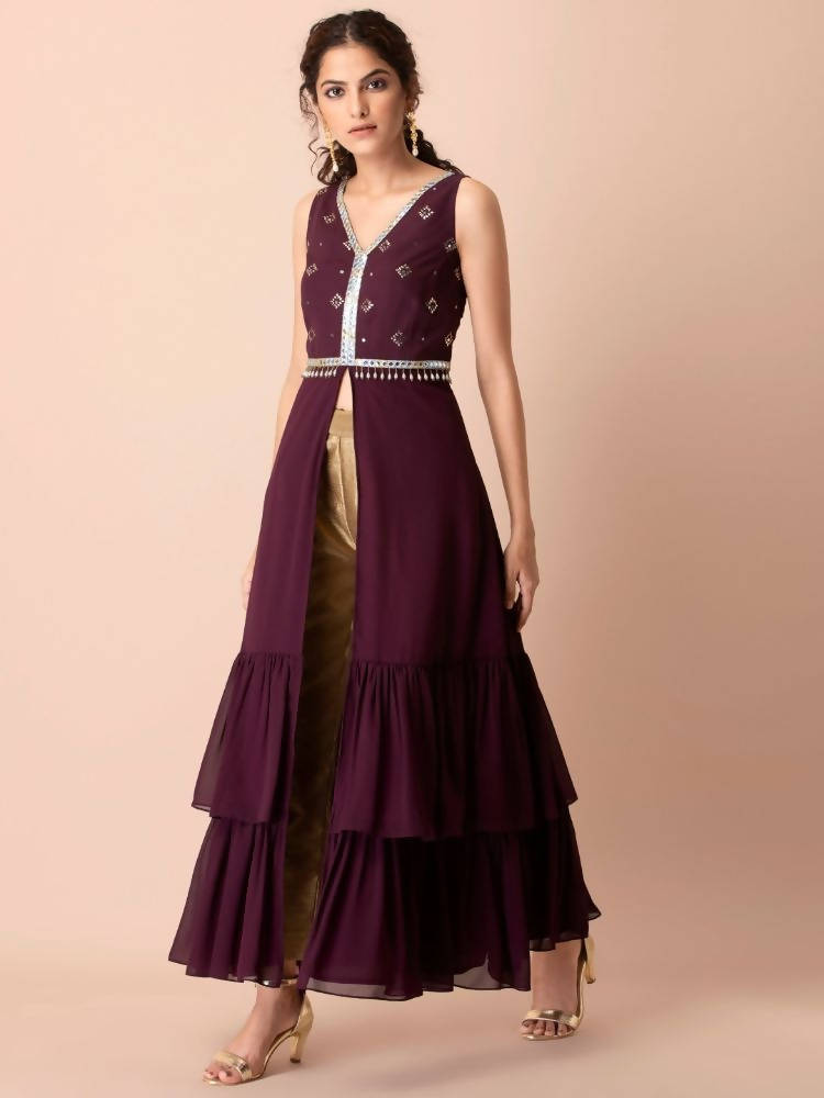 Indya Women Purple & Gold-Toned Embellished Ruffled High Slit Kurta