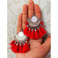 MS Fashion India Half Moon Chandbali Red Color Silk Threads Mirror Tassel Silver Earrings