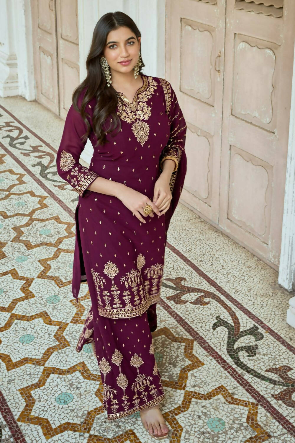 Wine Heavy Fox Georgette Embroidered Semi Stitched Suit - Dhvani