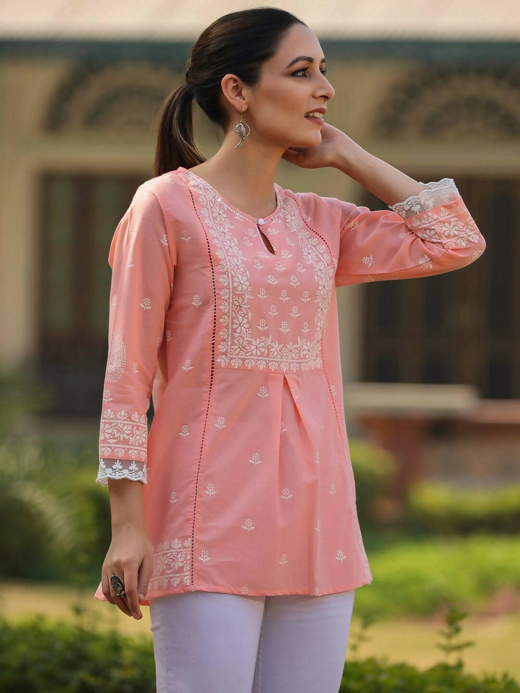 Juniper Women's Peach Cambric Floral Printed Tunic