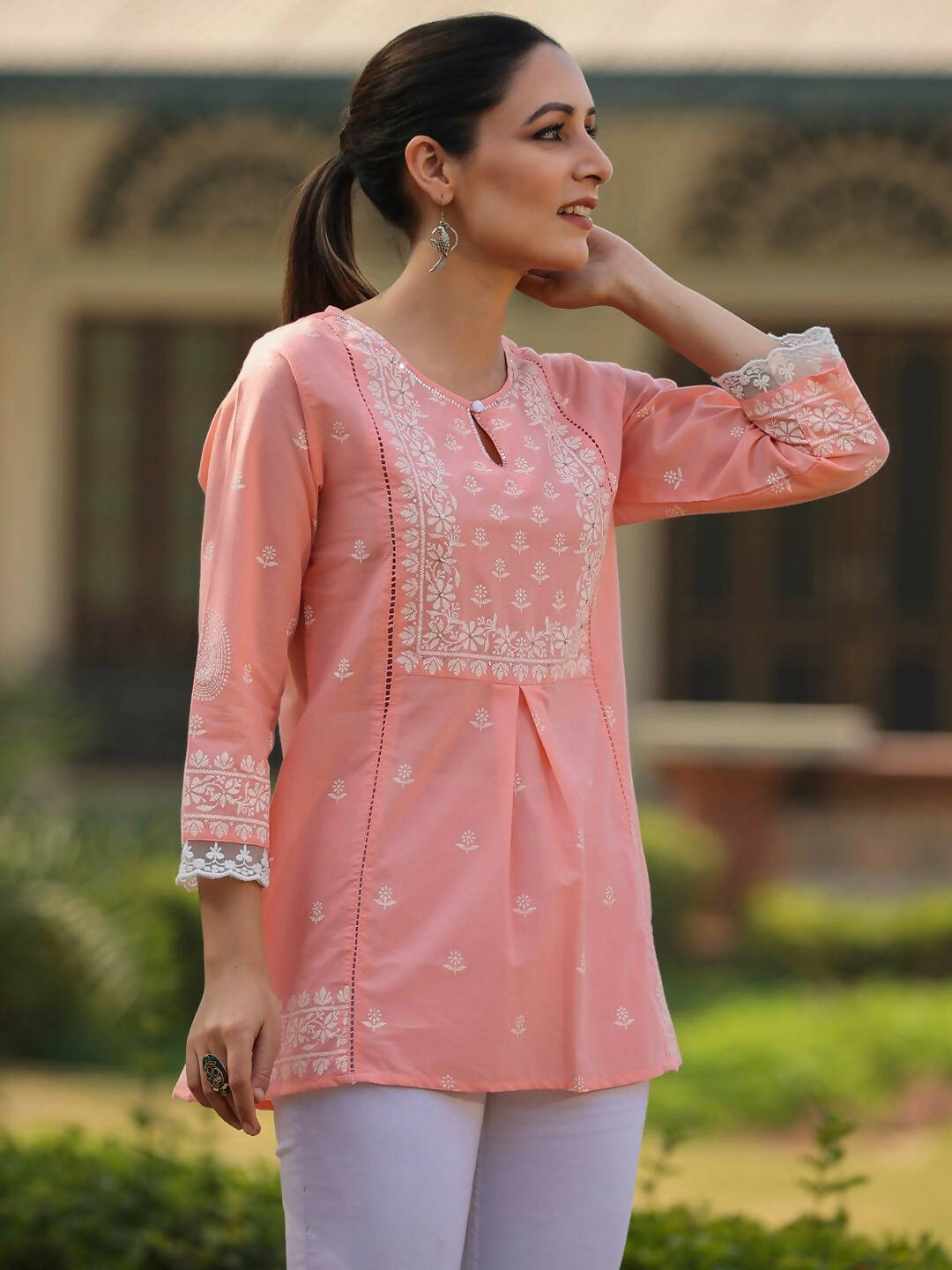 Juniper Women's Peach Cambric Floral Printed Tunic