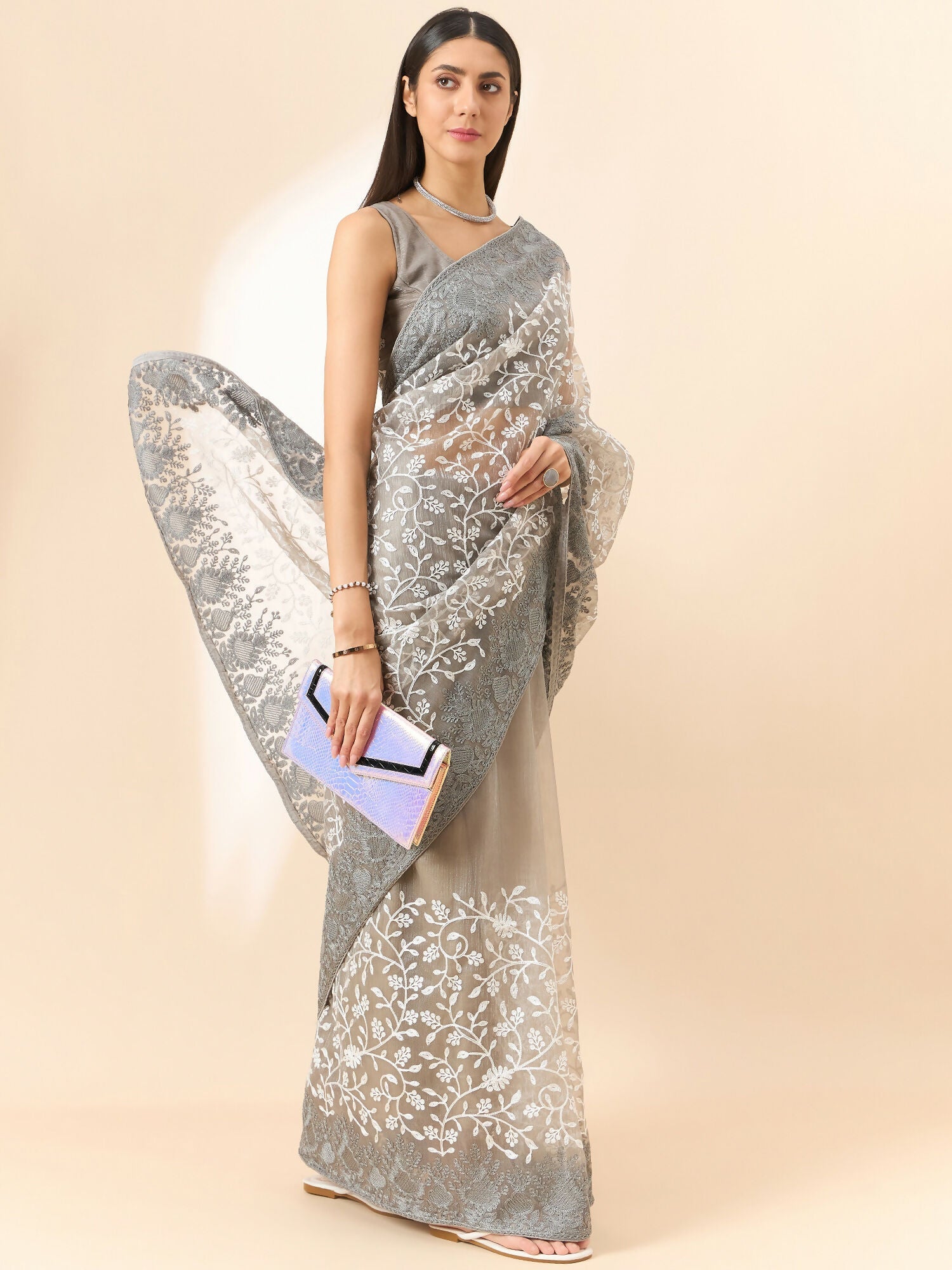 Grey Organza Floral Embroidered Saree with Unstitched Blouse Piece - Roozal