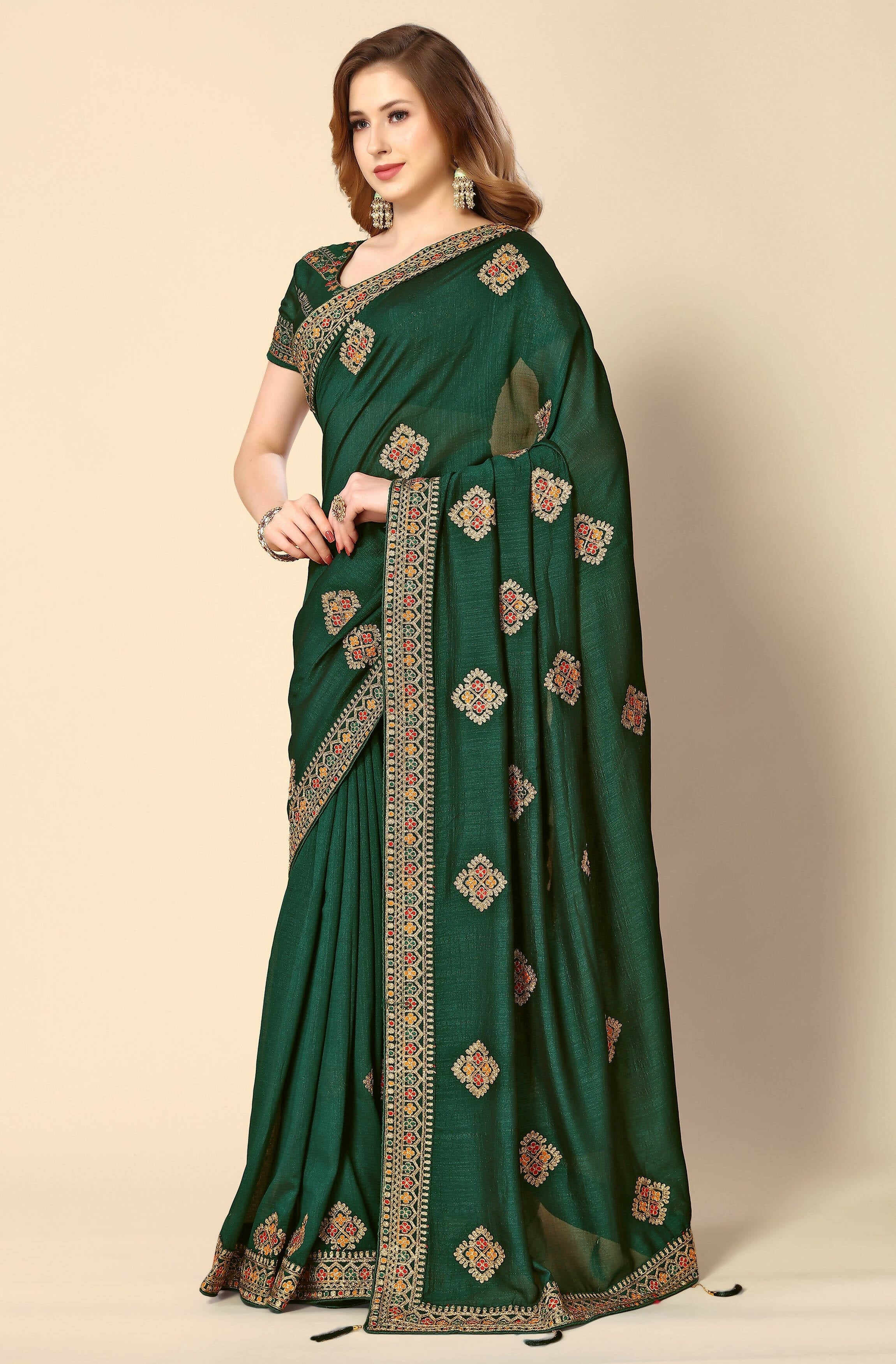 Green Chinon Embroidered Saree with Unstitched Blouse Piece - Roozal