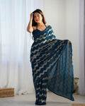 Petrol Georgette Sequance Embroidery Work Border Saree - Sitare