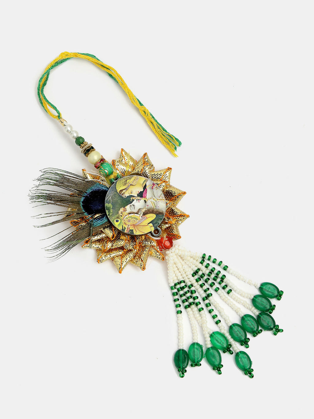 NVR Women & Men Set of 2 Green Radha Krishna Beaded Bhaiya Bhabhi Rakhi With Roli Chawal