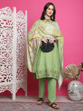 Jyoti Fashion Women's Green Muslin Floral Resham Embroidery Kurta with Trouser & Dupatta