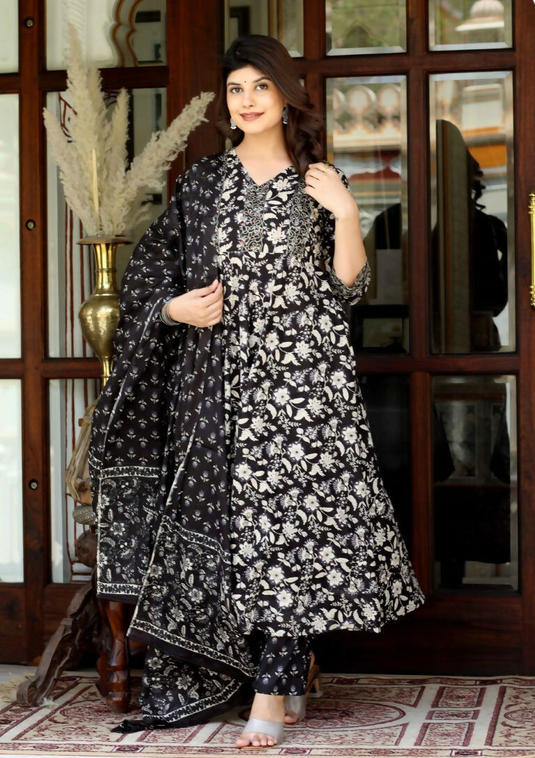 Miravan Women's Black Cotton Embroidered Attractive Anarkali Kurta And Palazzo With Dupatta Set